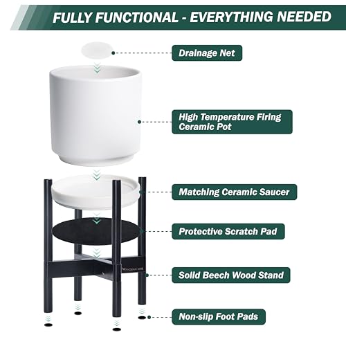 Ceramic Pot with Ebony Wood Stand (14 Inch / White Pot + Ebony Stand)