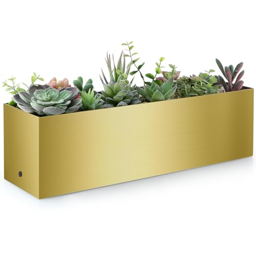 17" Large Stainless Steel Planter Box with Drain Holes and Water Reservoir (Gold)