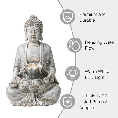 Buddha Fountain Outdoor with Pump & LED Light 23.25" H (Concrete Buddha W/Lotus Leaf&flower Basins / 23.25"H)