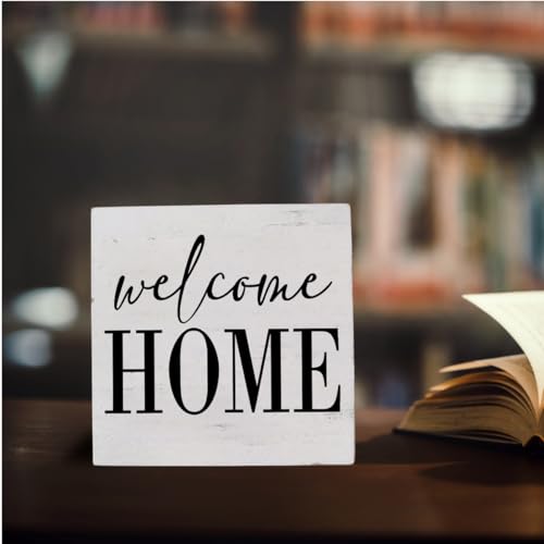 Welcome Home Sign Home Decor Desk Decor Wooden Box Sign Rustic Black Wood White Plaque Box Sign for Women Family Friends Farmhouse Living Room Kitchen Bedroom Shelf Table Decoration (white1136)