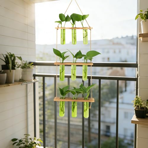 Wall Hanging Propagation Station with Wooden Stand Green (Green-9 Tube Vase)