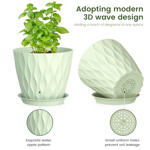 7/6.5/6/5.5/5/4.5/4 inch Plant Pots for Indoor Outdoor Plants, 7 Pack Thick Flower Pots with Drainage Holes and Saucers, Modern Wave Texture Plastic Planter Pots for Nursery, Succulent, Green (Green / 7+6.5+6+5.5+5+4.5+4 inch 7 pieces)