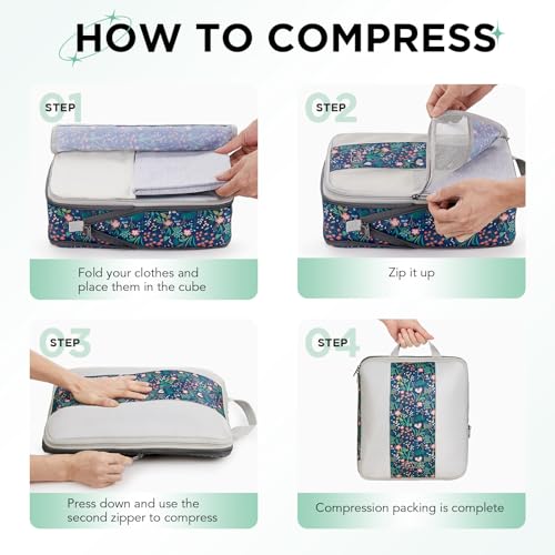 10 Set Compression Packing Cubes for Travel Essentials (Dark Blue Floral)