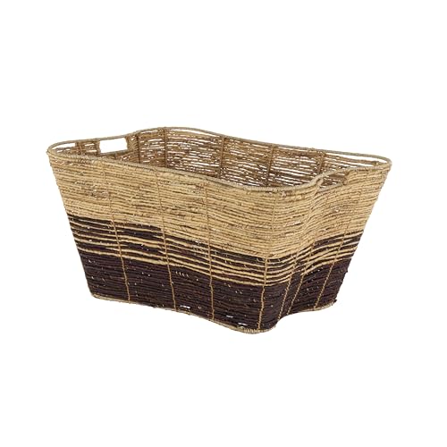 Seagrass Handmade Decorative and Functional Storage Basket Oversized Color Block Basket Organizer with Slot Handles (30" x 20" x 15" / Brown)