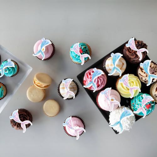 60Pcs Edible Colorful Mermaid Tails Cupcake Toppers Mermaid Cupcake Picks for Under The Sea Party Decoration Baby Shower Girls Mermaids Birthday Ocean Theme Bridal Shower Wedding Supplies (Blue Pink Purple)