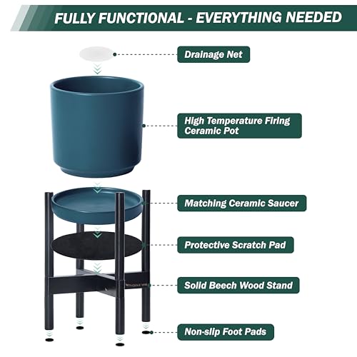 Ceramic Pot with Ebony Wood Stand (14 Inch / Teal Pot + Ebony Stand)