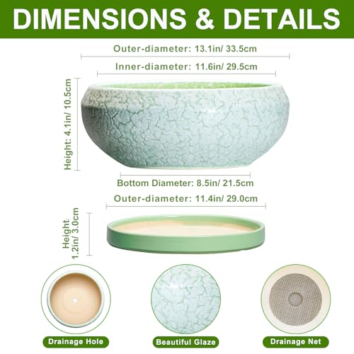 Bonsai Pots 13 Inch Ceramic Succulent Pots for Indoor Outdoor (13 Inch / Bright Green-white)