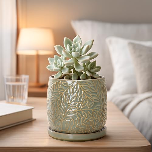 Embossed Leaves Ceramic Planter (5 Inch / Olive)