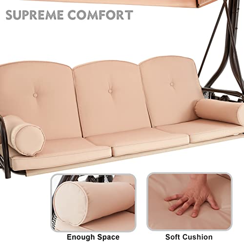 3 Seat Porch Swing with Adjustable Canopy (Khaki)