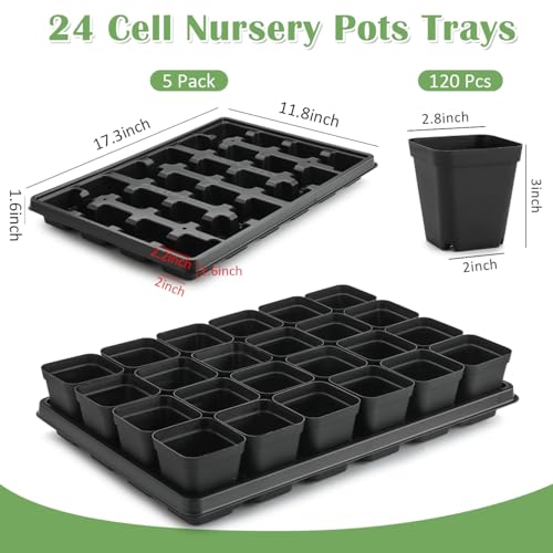 5 Pack 24 Cell Nursery Pots Trays with 2.8 inch (Black / Pots 120 Pcs with 5 Pack Trays)