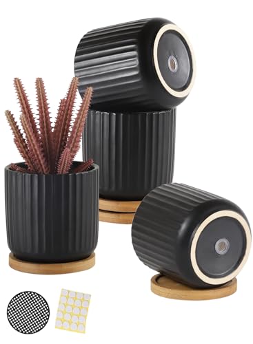 4 Inch Ceramic Plant Pots (Stripe Pure Black)