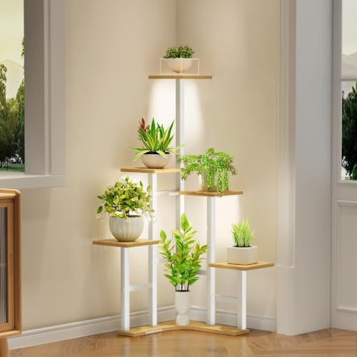 Corner Plant Stand Indoor with Grow Lights 6 Tiered Corner Plant Shelf (White Oak(with Lights) / 6 Tier-Square)