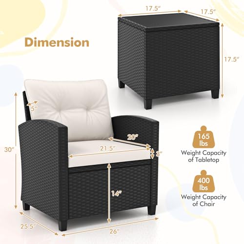 3 Pieces Wicker Patio Conversation Set (Black & Off White)