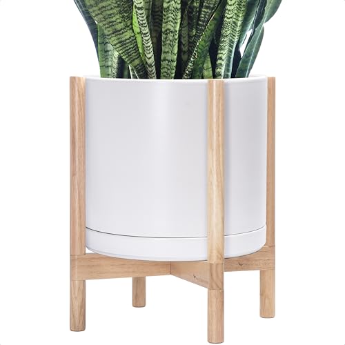 Ceramic Pot with Natural Wood Stand (14 Inch / White Pot + Natural Stand)