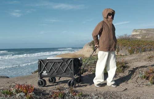 Collapsible Folding Wagon Heavy Duty Utility Beach Wagons with Opened Tailgate and All (Black / No Table)