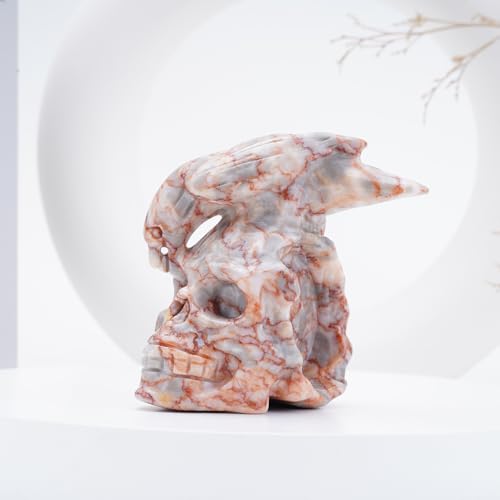 Natural Red Grid Crystal Skull and Crow Head Hand Carved Reiki Healing Stone Statue Healing Home Office Art Room Decoration (Red Grid Stone / 3inch)