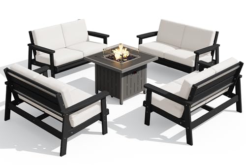 HDPE Patio Furniture Set with 33” Square Fire Pit Table (Black/Khaki)