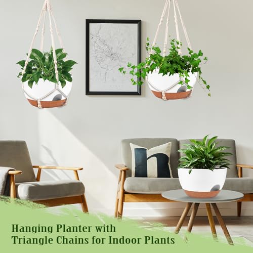 10 Inch Self Watering Hanging Planters with Metal Chain & Macrame Hangers (2 Type Plant Hangers White / 12 Inch)