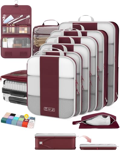 10 Set Compression Packing Cubes for Travel Essentials (Wine Red)