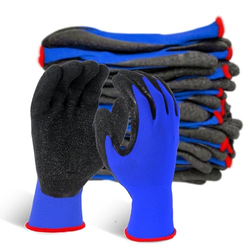 Crinkle Latex Rubber Coated Safety Work Gloves for Men Women (Medium / Blue-12 Pairs)