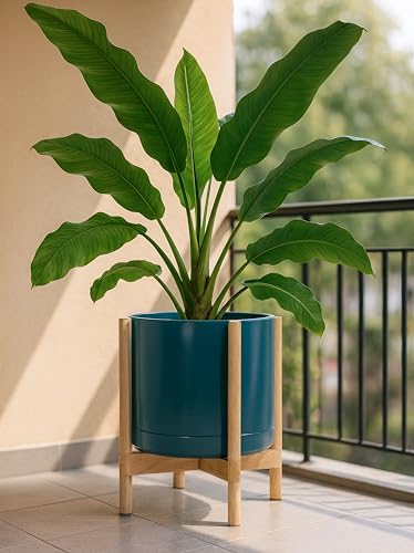 Ceramic Pot with Natural Wood Stand (14 Inch / Teal Pot + Natural Stand)