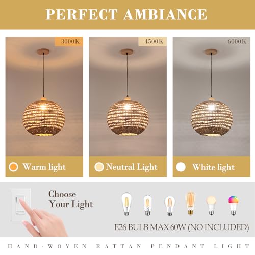 Boho Pendant Lights Kitchen Island Rattan Lights Fixture for Dining Room 15.8" Hand