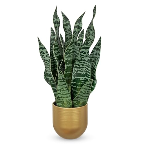 Artificial Snake Plant Potted Faux Sansevieria Trifasciata Plants (Green-16.9" Gold Pot)