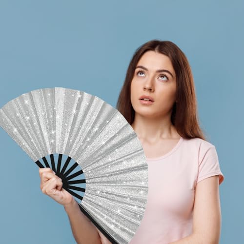 2 Pack Glitter Large Folding Hand Fans for Line Dancing (2 Silver)