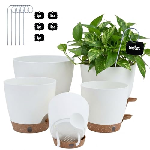 5-Pack 10/9/8/7/6.5Inch Self Watering Pots for Inoor Plants Plastic Planter (White / 6.5/7/8/9/10 Inch)