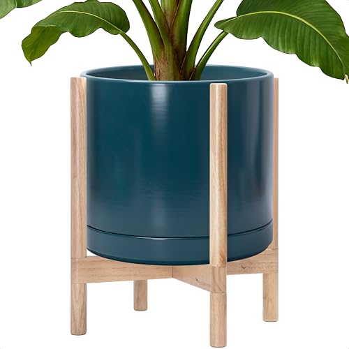 Ceramic Pot with Natural Wood Stand (14 Inch / Teal Pot + Natural Stand)