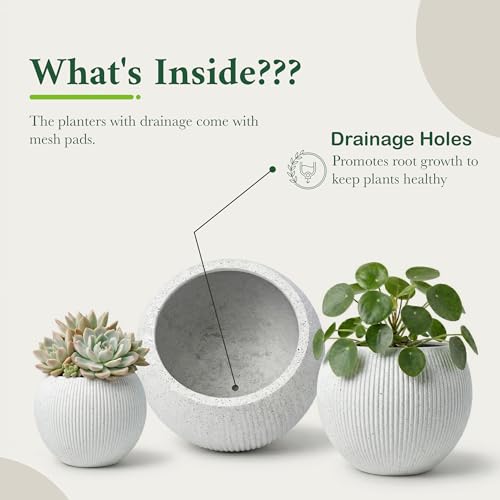 Premium Mt Sherman Fiberstone Sphere Planter for Indoor Outdoor Use (Ribbed White / Large 21.1''D x 16.7''H)