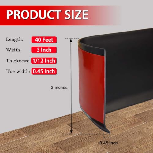 Vinyl Wall Base Rubber Baseboard Molding Trim Self Adhesive 3" Wide (Black / 3in x 40ft)