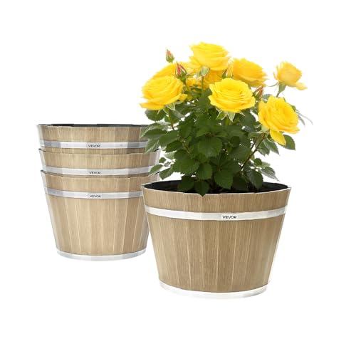 Plant Pots 4 Pack 11.81 inch Whiskey Barrel Planters with Drainage Holes (11.81 in, 4 Pcs / Modern)