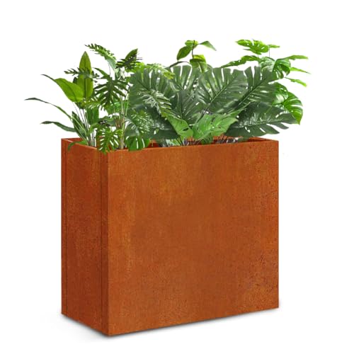 Metal Tall Long Planter Box Large Rectangular Planter Flower Pot with Drainage Holes for Indoor Outdoor Deck Porch Garden Home Patio Front Door (Rusty Orange / Small)