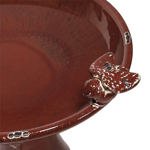 25" Tall Outdoor Antique Ceramic Birdbath with 2 Bird Figurines (Red)