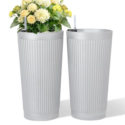 Set of 2 Large Round Tall Planter for Indoor or Outdoor 24" Flower Pots for Porch (Round Ribbed White / 24")