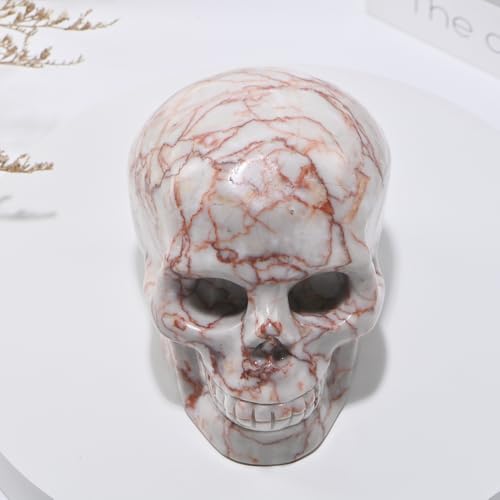 5''Natural Red Grid Crystal Skull Head Hand Carved Reiki Healing Stone Statue Healing Home Office Art Room Decoration (Red Grid Stone / 5inch)