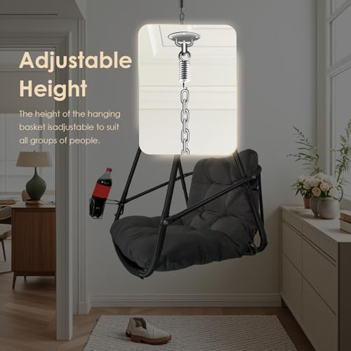 Swing Egg Chair with Stand Foldable Wicker Frame UV Resistant Waterproof Cushion Hanging Chairs with Cup Holder 350lbs Capacity Swing Hammock Chairs for Patio Bedroom Indoor Outside (Beige)