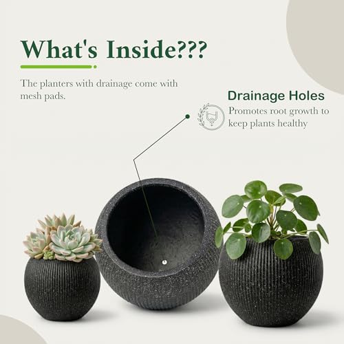 Premium Mt Sherman Fiberstone Sphere Planter for Indoor Outdoor Use (Ribbed Black / Medium 16.1''D x 13.6''H)