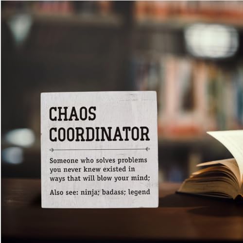 Chaos Coordinator Thank You Gifts Office Decor Funny Motivational Desk Decor Gifts for Coworkers Boss Manager Appreciation Rustic Wooden Box Sign for Table Top Office Bookshelf White (white- Chaos)