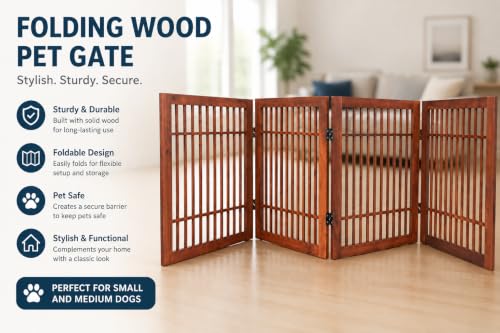 Freestanding Wooden Dog Gate Foldable Indoor Pet Gate No Drill Expandable Barrier for Doorways Stairs Hallways Portable Wood Fence for Small Dogs & Puppies (4 Panel 24" Tall / Brown Pet Gate)
