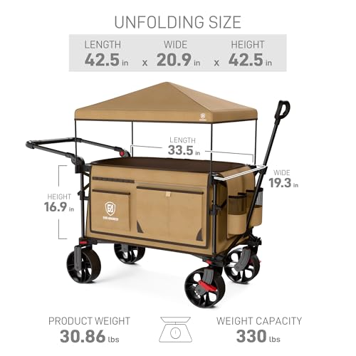 Folding Push Wagon with Canopy (Khaki)