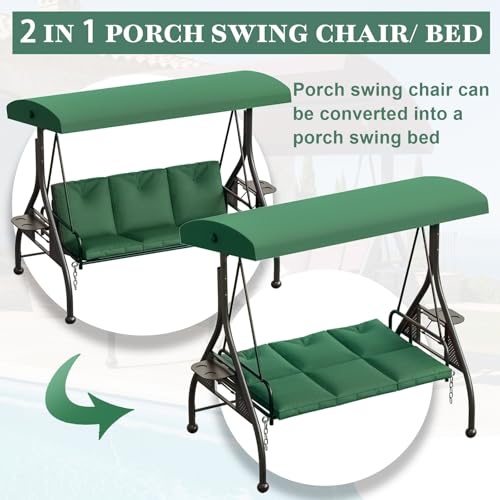 3 Seat Patio Porch Swing with Adjustable Canopy and Stand (Green / with cup holder)
