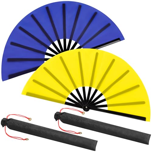 2 Packs Large Folding Hand Fans (Yellow and Blue)