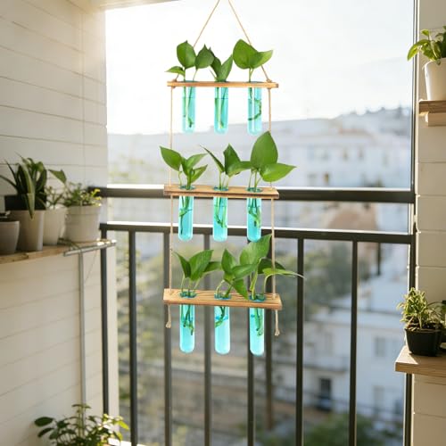 Wall Hanging Propagation Station with Wooden Stand Blue (Blue-9 Tube Vase)