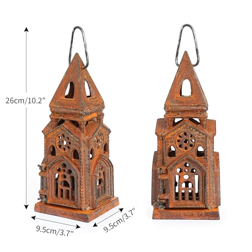 Cast Iron Church Lantern Candle Holder (Natural Rust - Church)