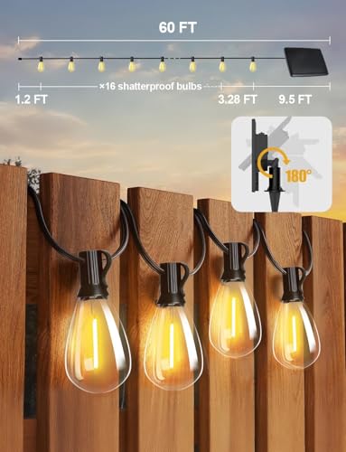 60FT Solar String Lights Outdoor with Remote and 16+2 LED Shatterproof Bulbs Dimmable & Timing 3 Light Modes Solar Patio String Lights for Cafe (60FT-Solar)