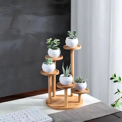 5 Tiered Desk Plant Stand Round Bamboo Plant Shelf Tabletop Succulent Herb Stand Desktop Plant Stand Indoor Plant Rack for in Living Room Office Decoration