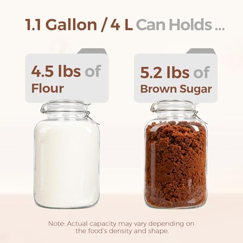 Square Glass Pantry Jars with Airtight Lids 1.1 Gallon 2 Pack Large (1.1 gallon x 2)