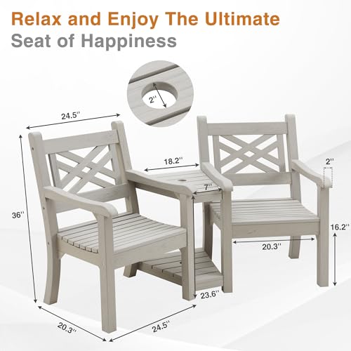 2 Person Poly Lumber Conversation Bench with Middle Side Table (Light Grey / Conversation Bench with Side Table)